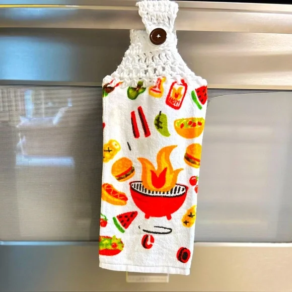 HAND CRAFTED Crocheted Top Colorful Summer BBQ Theme Hanging Kitchen Hand Towel - Picture 5 of 6